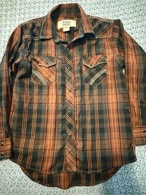 Boys' Orange & Black Plaid Button-Down Pearl Snap Shirt
